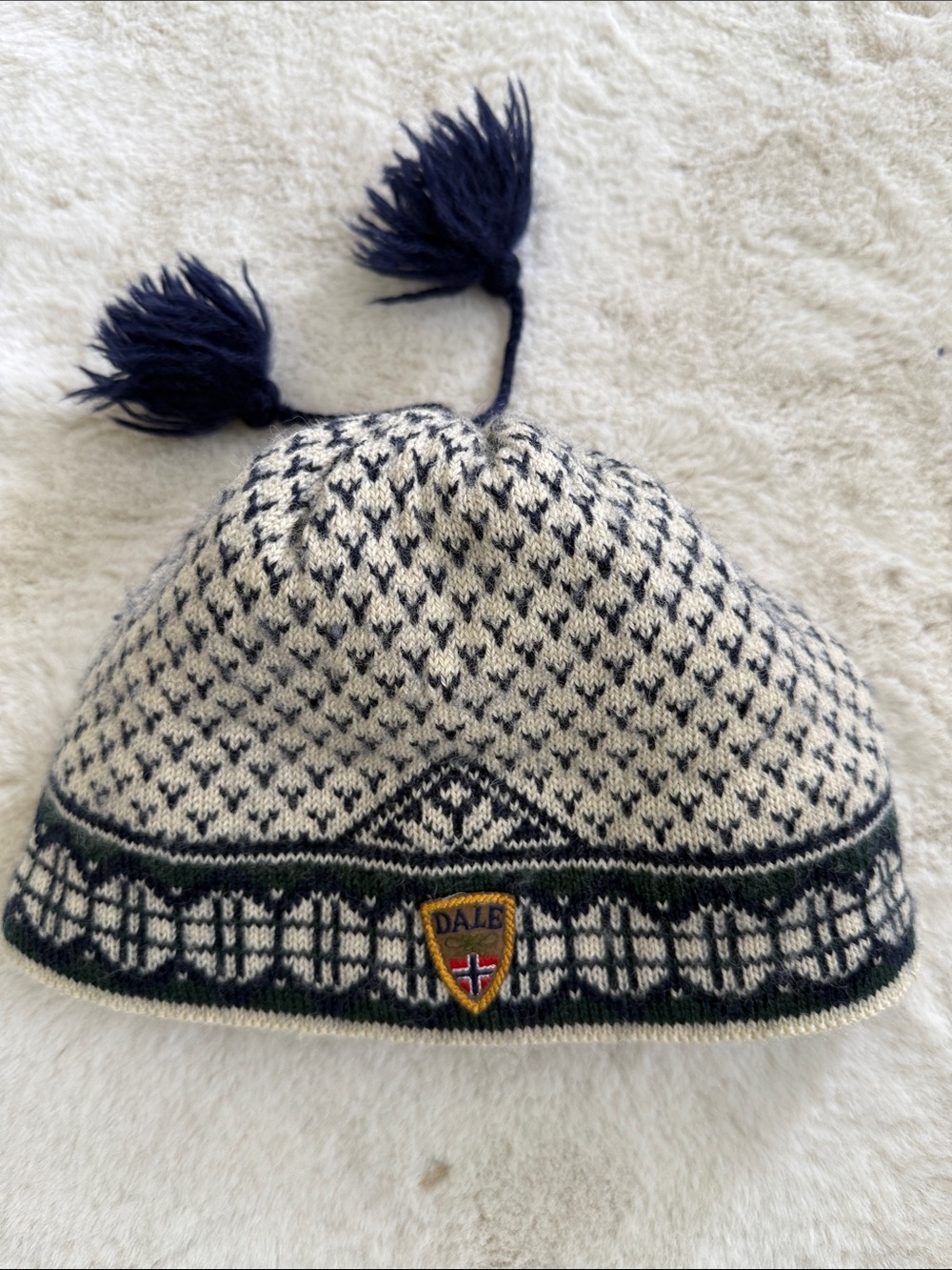 Dale of Norway Wool Navy and Cream Knit Beanie with Tassel